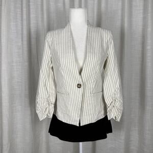 Roz & Ali Blazer Jacket Womens Small Beige Striped Lace Back Ruched 3/4 Sleeve